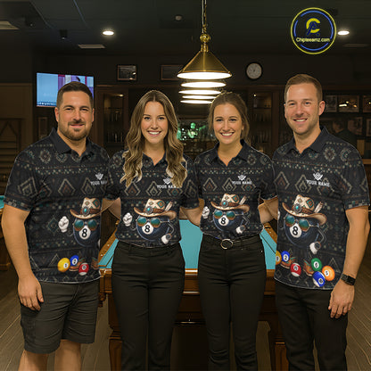 Pool team wearing matching 8 ball tribal billiard jerseys during tournament play front view.