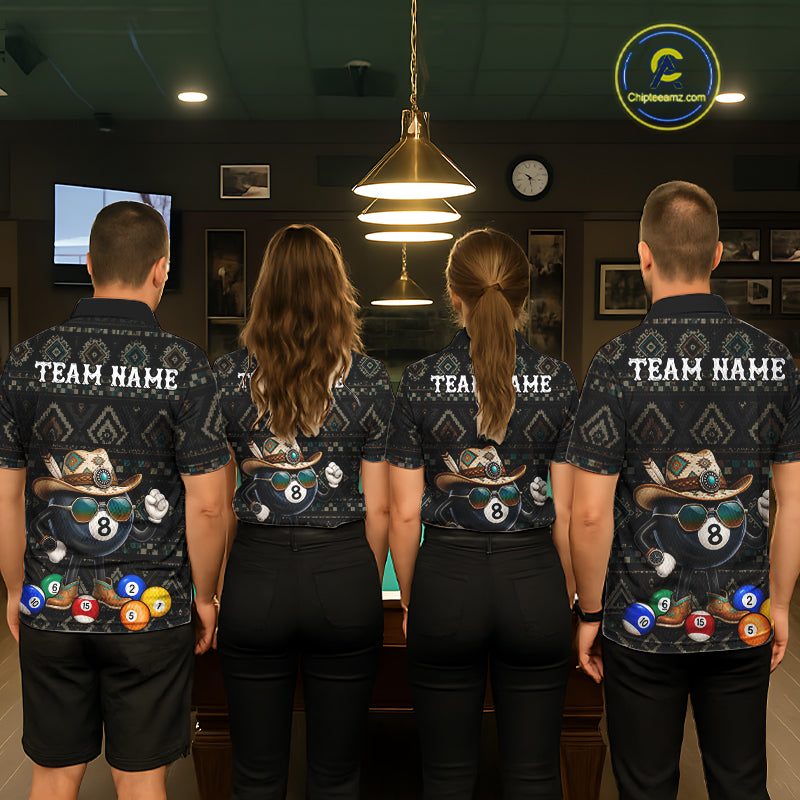 Back view of pool players wearing matching tribal 8 ball billiard shirts in a game room.