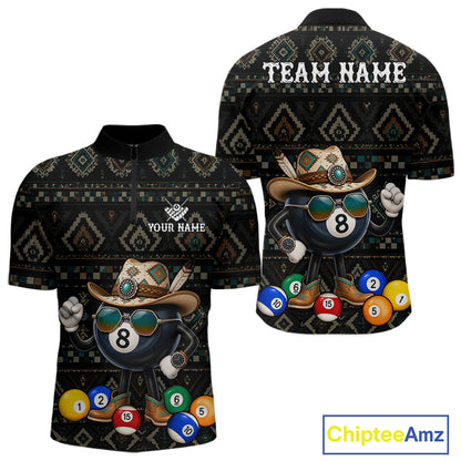 8 ball tribal pattern billiard quarter zip shirt for men designed for league tournaments and team events.
