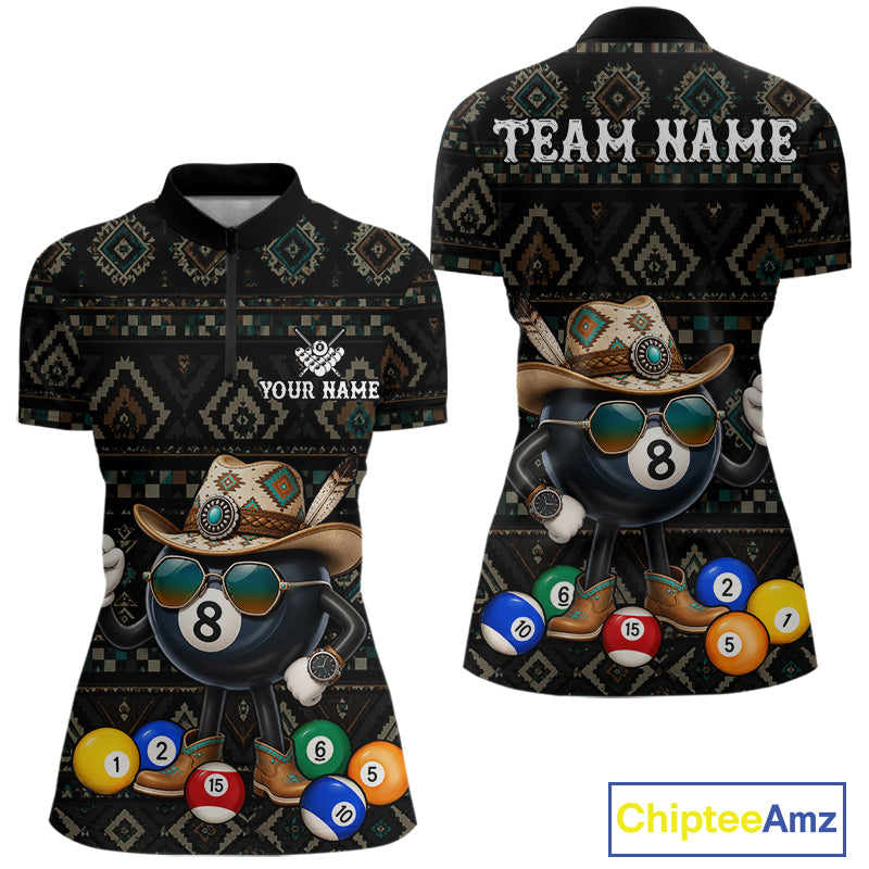 8 ball tribal pattern billiard quarter zip shirt for women designed for league tournaments and team events.