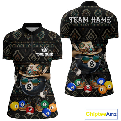 8 ball tribal pattern billiard quarter zip shirt for women designed for league tournaments and team events.