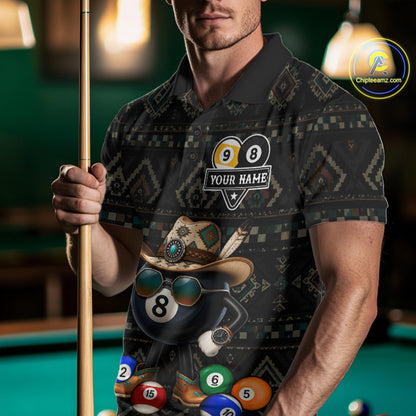 Man wearing an 8 ball and 9 ball tribal pattern billiard jersey beside a pool table front view.