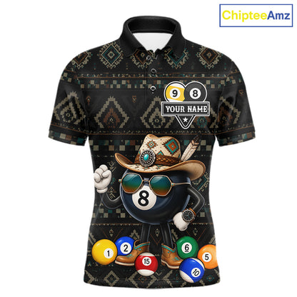 8 ball and 9 ball tribal pattern billiard polo shirt for men with custom pool team graphics.