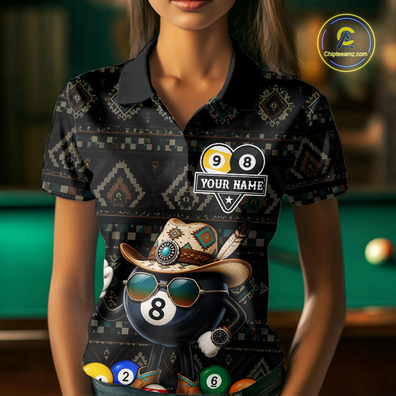 Woman wearing an 8 ball and 9 ball tribal pattern billiard jersey beside a pool table front view.