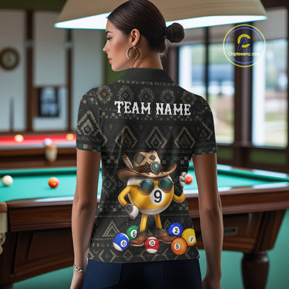 Back view of woman wearing an 8 ball and 9 ball tribal pattern pool shirt in a billiards hall.