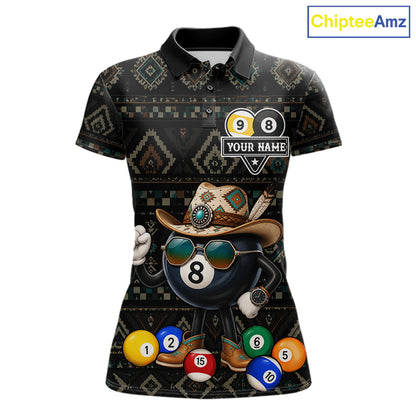 8 ball and 9 ball tribal pattern billiard polo shirt for women with custom pool team graphics.