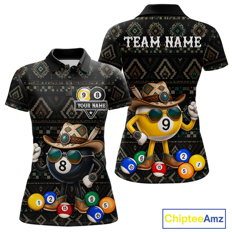 8 ball and 9 ball tribal pattern billiard polo shirt for women with custom pool team graphics.