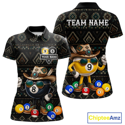 8 ball and 9 ball tribal pattern billiard polo shirt for women with custom pool team graphics.