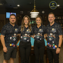 Load image into Gallery viewer, Pool team wearing matching 8 ball and 9 ball tribal billiard jerseys during league matches front view.