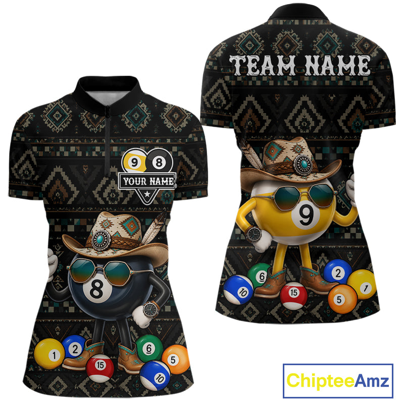 8 ball and 9 ball tribal pattern billiard quarter zip shirt for women built for tournaments and league play.