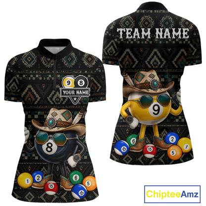 8 ball and 9 ball tribal pattern billiard quarter zip shirt for women built for tournaments and league play.