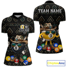 Load image into Gallery viewer, 8 ball and 9 ball tribal pattern billiard quarter zip shirt for women built for tournaments and league play.