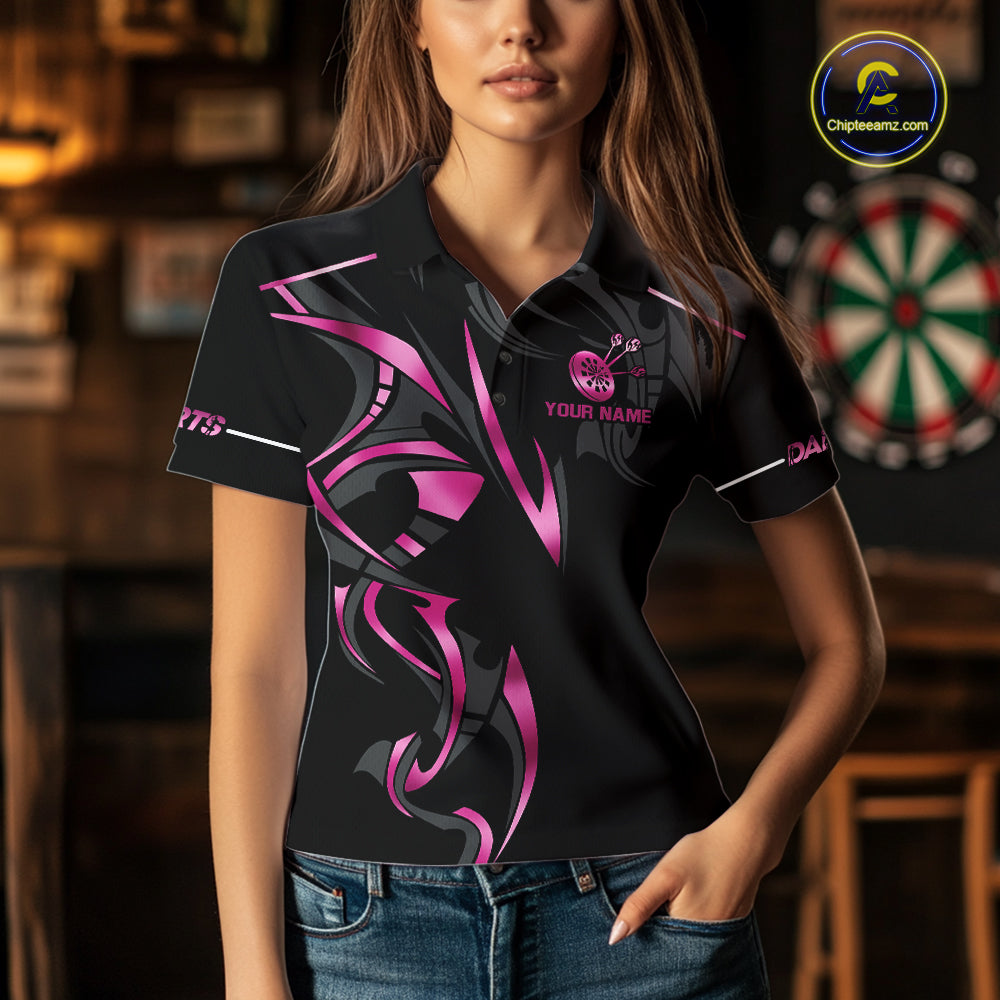 Pink And Black Dartboard Crown Dart Shirts For Women Custom Dart Jersey Team Polo & Quarter Zip TDM7523