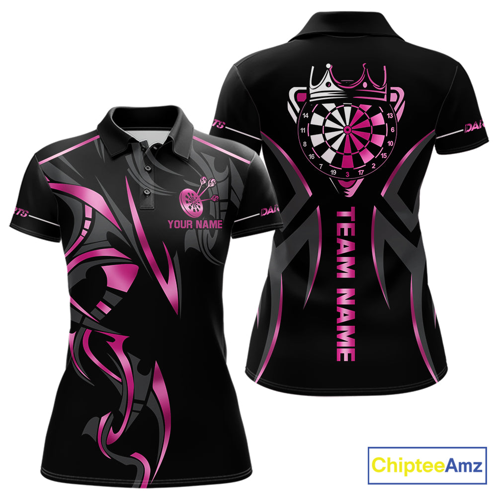 Pink And Black Dartboard Crown Dart Shirts For Women Custom Dart Jersey Team Polo & Quarter Zip TDM7523