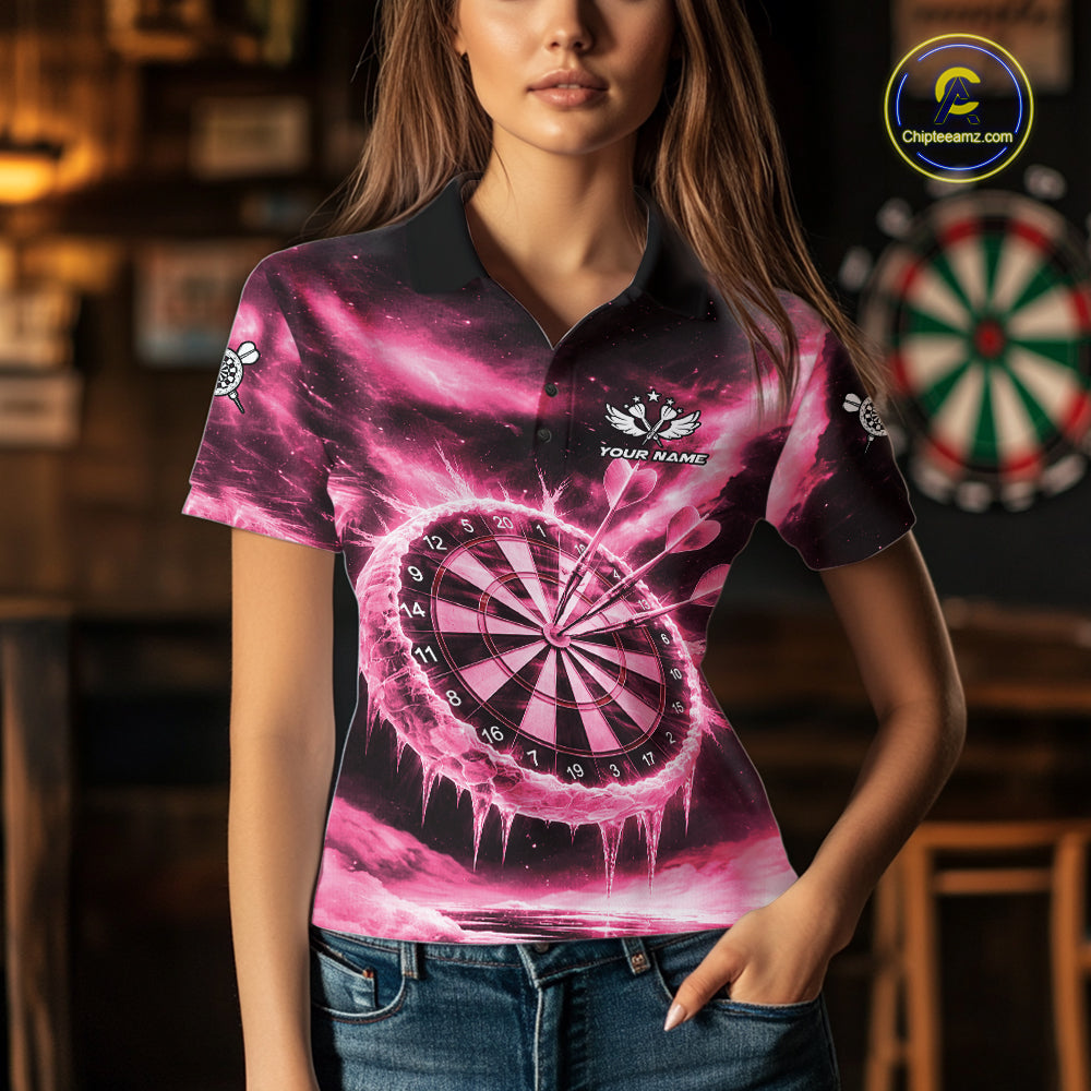 Personalized Pink Dartboard Icy Darts Shirt For Women Custom Darts Jersey Team Polo & 1/4 Zip TDM7526
