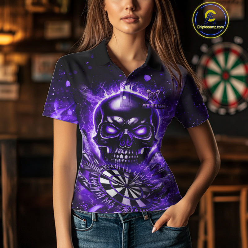 Purple Flame Skull Dartboard Shirt For Women Custom Darts League Team Jersey Polo & Quarter Zip TDM5009