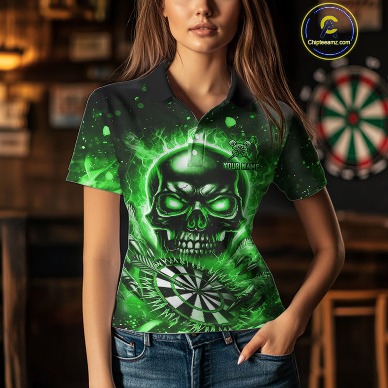 Green Flame Skull Dartboard Shirt For Women Custom Darts League Team Jersey Polo & Quarter Zip TDM5010