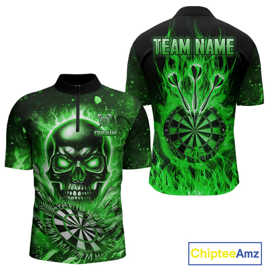 Green Flame Skull Dartboard Shirt For Men Custom Darts League Team Jersey Polo & Quarter Zip TDM5010