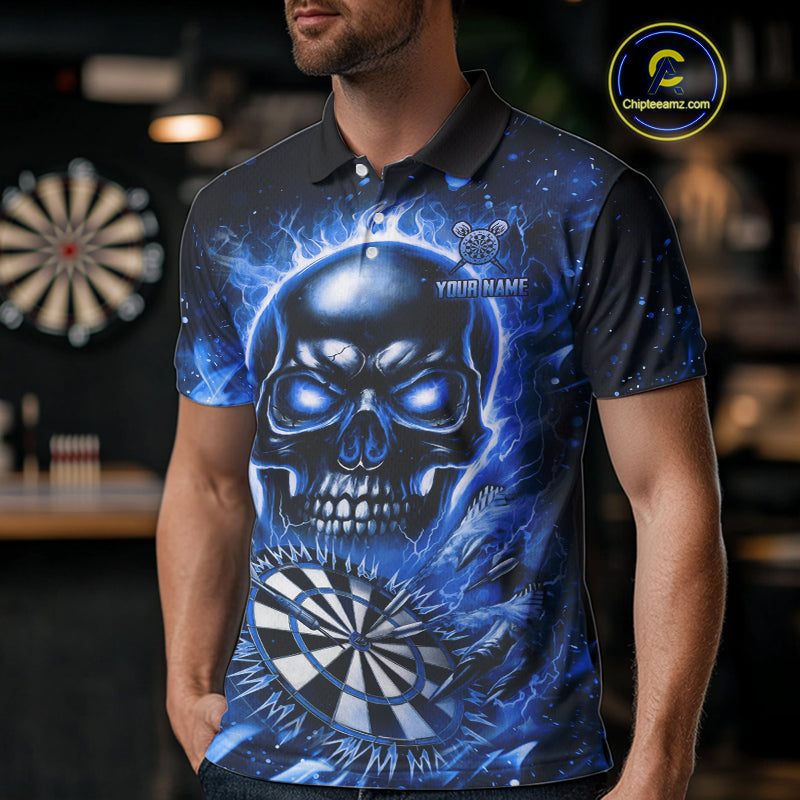 Blue Flaming Skull Dartboard Shirt For Men Custom Darts League Team Jersey Polo & Quarter Zip TDM5011