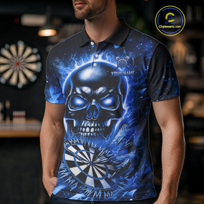 Blue Flaming Skull Dartboard Shirt For Men Custom Darts League Team Jersey Polo & Quarter Zip TDM5011