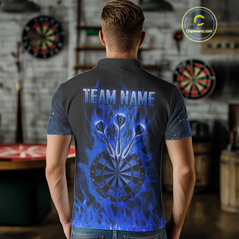 Blue Flaming Skull Dartboard Shirt For Men Custom Darts League Team Jersey Polo & Quarter Zip TDM5011