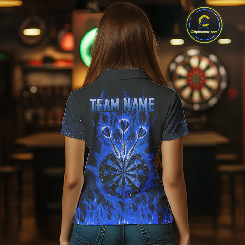 Blue Flaming Skull Dartboard Shirt For Women Custom Darts League Team Jersey Polo & Quarter Zip TDM5011