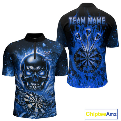 Blue Flaming Skull Dartboard Shirt For Men Custom Darts League Team Jersey Polo & Quarter Zip TDM5011