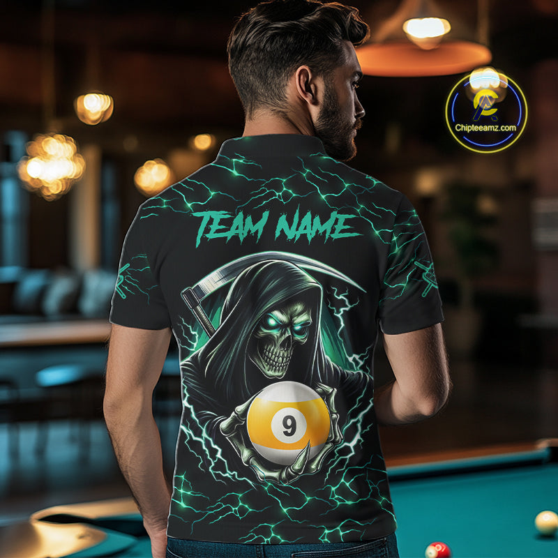 Turquoise Funny Grim Reaper 9 Ball Pool Men Billiard Shirts Custom Lightning Billiard Jerseys TDM7896