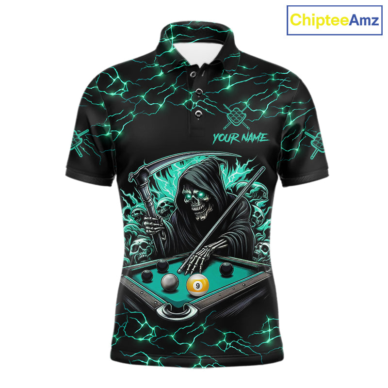 Turquoise Funny Grim Reaper 9 Ball Pool Men Billiard Shirts Custom Lightning Billiard Jerseys TDM7896