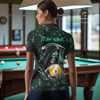 Turquoise Funny Grim Reaper 9 Ball Pool Women Billiard Shirts Custom Lightning Billiard Jerseys TDM7896