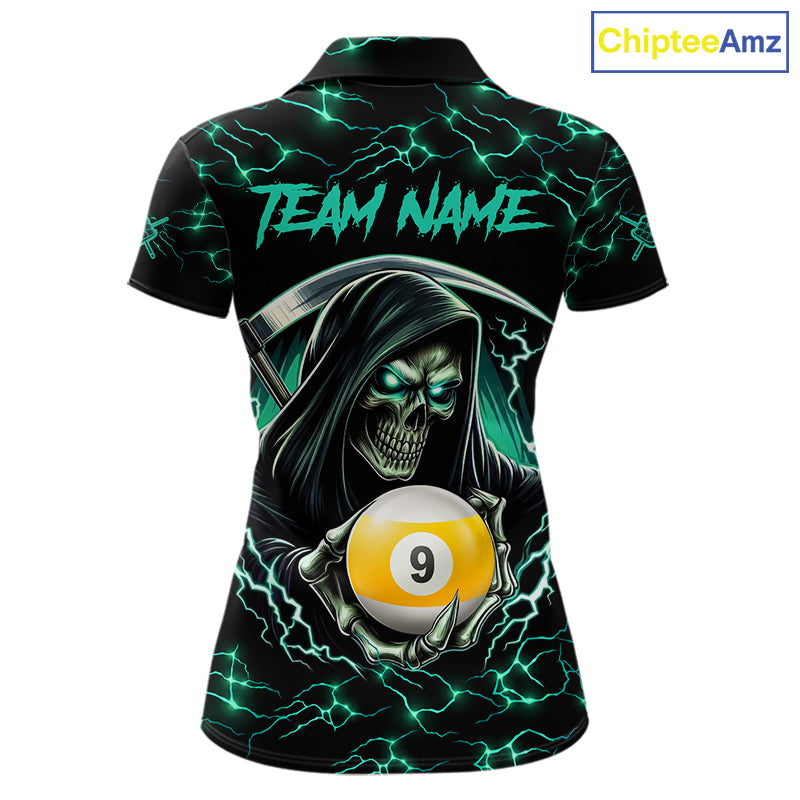 Turquoise Funny Grim Reaper 9 Ball Pool Women Billiard Shirts Custom Lightning Billiard Jerseys TDM7896