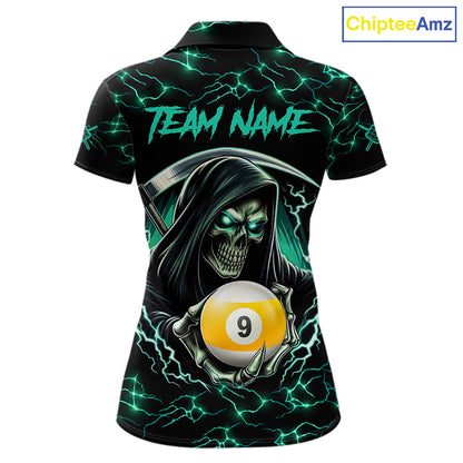 Turquoise Funny Grim Reaper 9 Ball Pool Women Billiard Shirts Custom Lightning Billiard Jerseys TDM7896