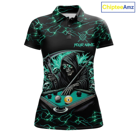 Turquoise Funny Grim Reaper 9 Ball Pool Women Billiard Shirts Custom Lightning Billiard Jerseys TDM7896