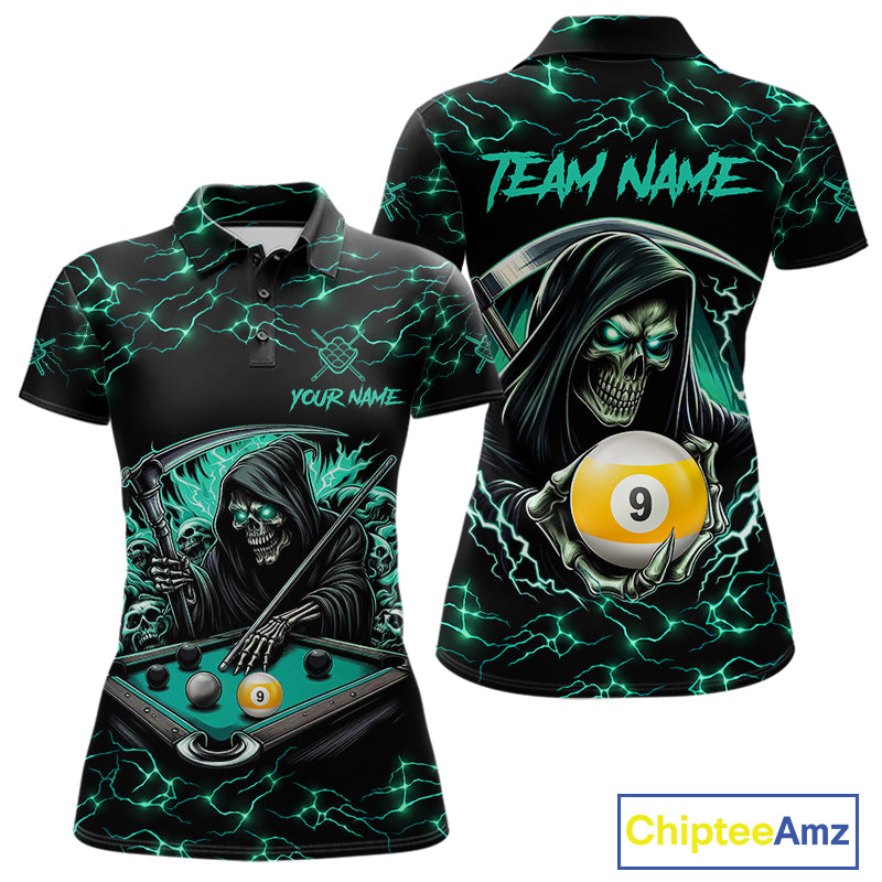 Turquoise Funny Grim Reaper 9 Ball Pool Women Billiard Shirts Custom Lightning Billiard Jerseys TDM7896