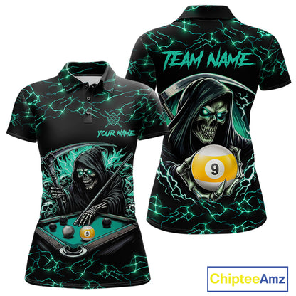 Turquoise Funny Grim Reaper 9 Ball Pool Women Billiard Shirts Custom Lightning Billiard Jerseys TDM7896