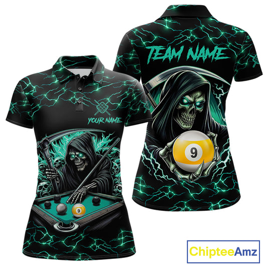 Turquoise Funny Grim Reaper 9 Ball Pool Women Billiard Shirts Custom Lightning Billiard Jerseys TDM7896