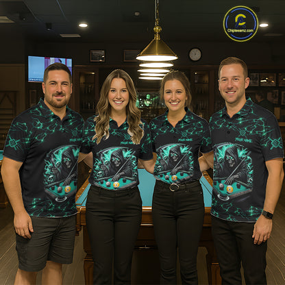 Turquoise Funny Grim Reaper 9 Ball Pool Women Billiard Shirts Custom Lightning Billiard Jerseys TDM7896
