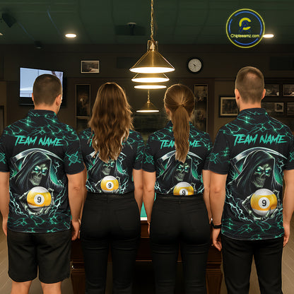 Turquoise Funny Grim Reaper 9 Ball Pool Women Billiard Shirts Custom Lightning Billiard Jerseys TDM7896