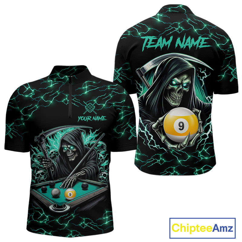 Turquoise Funny Grim Reaper 9 Ball Pool Men Billiard Shirts Custom Lightning Billiard Jerseys TDM7896