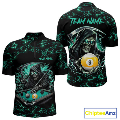 Turquoise Funny Grim Reaper 9 Ball Pool Men Billiard Shirts Custom Lightning Billiard Jerseys TDM7896