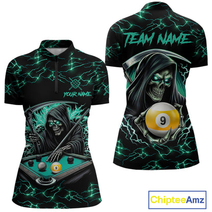 Turquoise Funny Grim Reaper 9 Ball Pool Women Billiard Shirts Custom Lightning Billiard Jerseys TDM7896