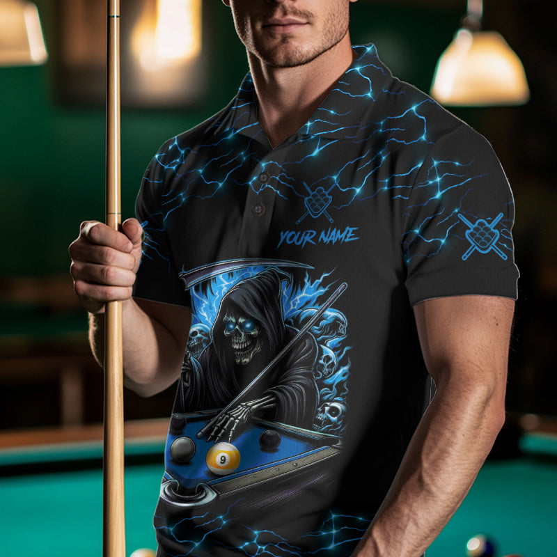 Blue Funny Grim Reaper 9 Ball Pool Men Billiard Shirts Custom Lightning Billiard Jerseys TDM7897