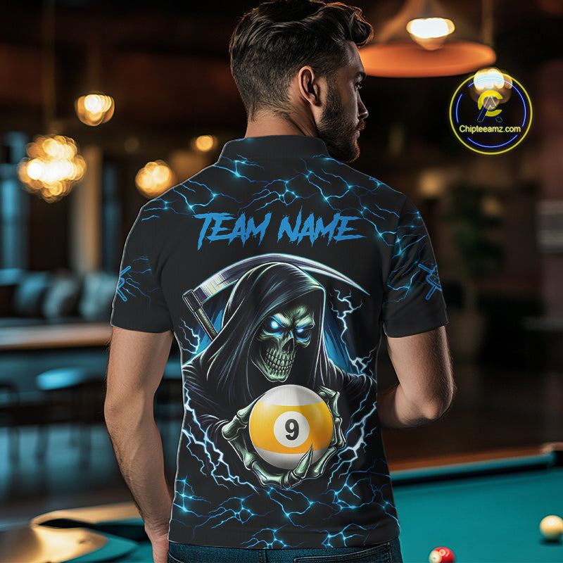 Blue Funny Grim Reaper 9 Ball Pool Men Billiard Shirts Custom Lightning Billiard Jerseys TDM7897