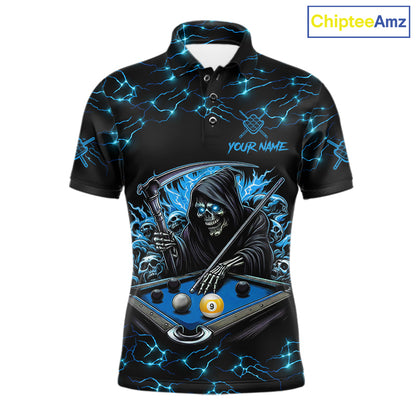 Blue Funny Grim Reaper 9 Ball Pool Men Billiard Shirts Custom Lightning Billiard Jerseys TDM7897