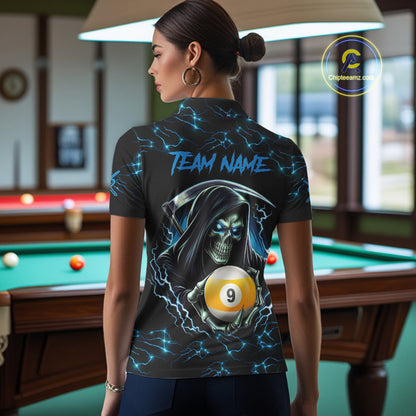 Blue Funny Grim Reaper 9 Ball Pool Women Billiard Shirts Custom Lightning Billiard Jerseys TDM7897