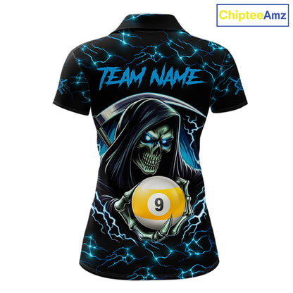 Blue Funny Grim Reaper 9 Ball Pool Women Billiard Shirts Custom Lightning Billiard Jerseys TDM7897