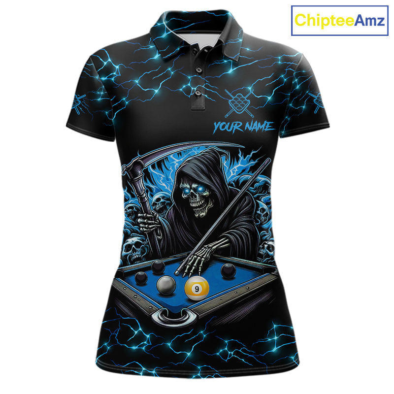 Blue Funny Grim Reaper 9 Ball Pool Women Billiard Shirts Custom Lightning Billiard Jerseys TDM7897