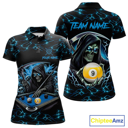 Blue Funny Grim Reaper 9 Ball Pool Women Billiard Shirts Custom Lightning Billiard Jerseys TDM7897