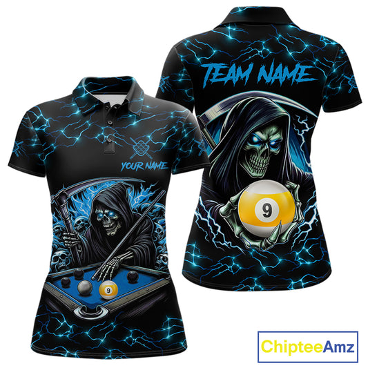 Blue Funny Grim Reaper 9 Ball Pool Women Billiard Shirts Custom Lightning Billiard Jerseys TDM7897