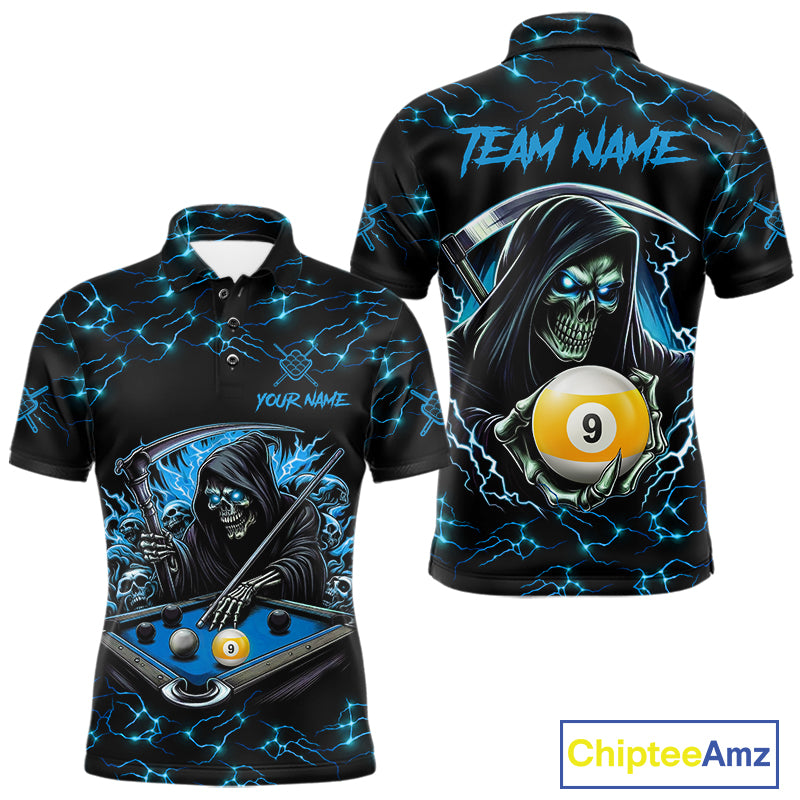 Blue Funny Grim Reaper 9 Ball Pool Men Billiard Shirts Custom Lightning Billiard Jerseys TDM7897